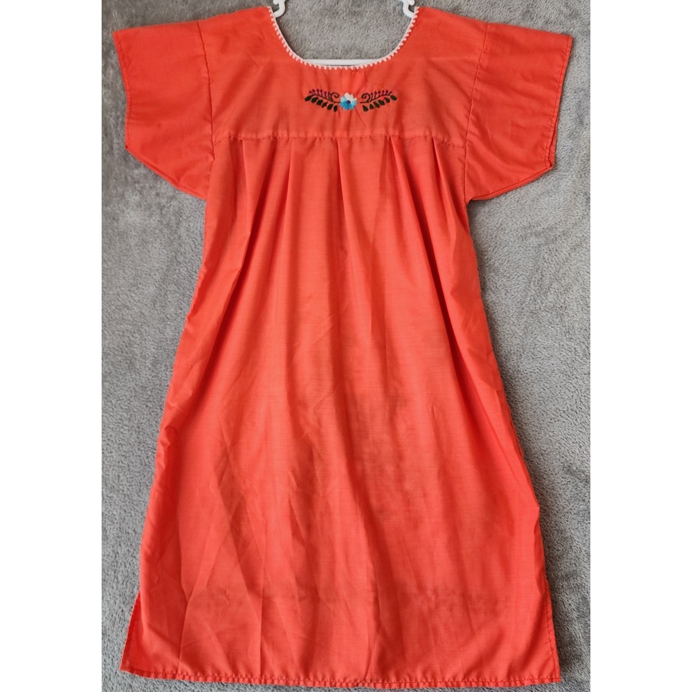 Artesanias Eco-Mex Dress Small Orange Floral Embroidered Mexican Puebla Boho - Picture 2 of 6
